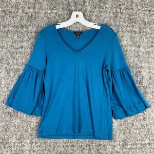 Halogen Shirt‎ Womens Small Blue Flare Sleeve Supima Cotton Jersey Knit V Neck